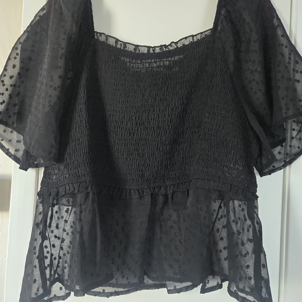 Allegra K Black Sheer Polka Dot Blouse